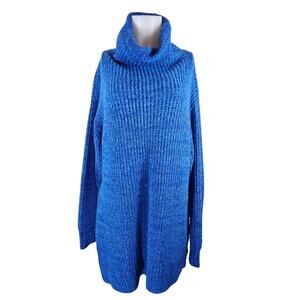 Free People Tight Knit Heathered Blue Cowl Neck Side Slit Sweater Women's L